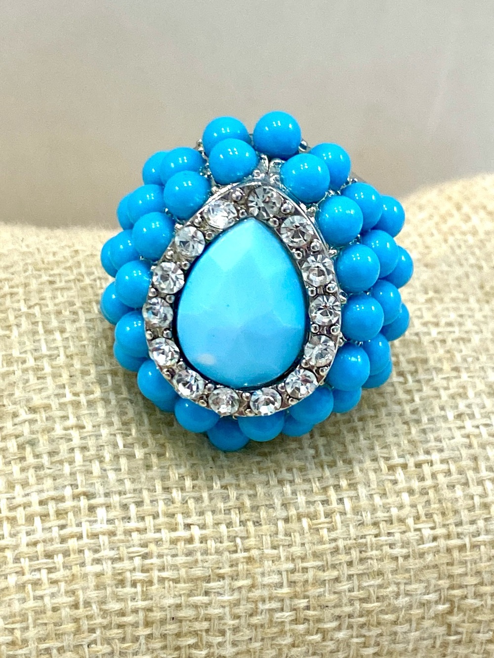 Vintage Turquoise Teardrop Beaded Stretch Ring with Crystal Halo